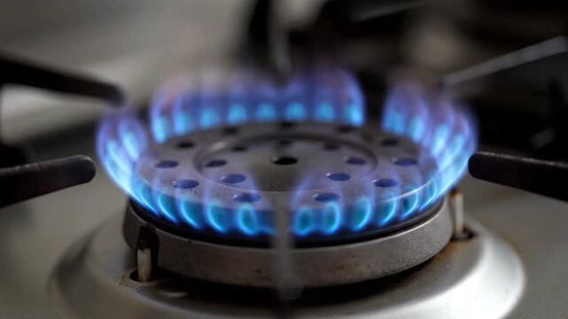 Gas stove burner with blue flames burning brightly on kitchen range