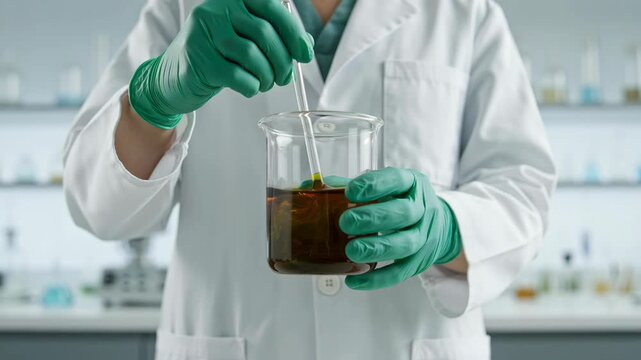 Scientist in lab coat holding beaker with dark liquid and stirring with pipette in laboratory setting