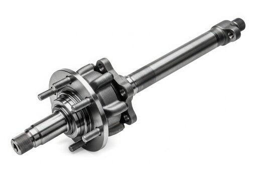 Close-up view of a mechanical drive shaft with various components and connections. isolated on white background