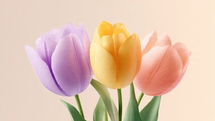 Fototapeta premium Three Colorful Pastel Tulips in Soft Light on Beige Background