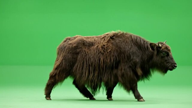 A shaggy, dark brown bison-like animal with thick fur walks across a vibrant green studio background.