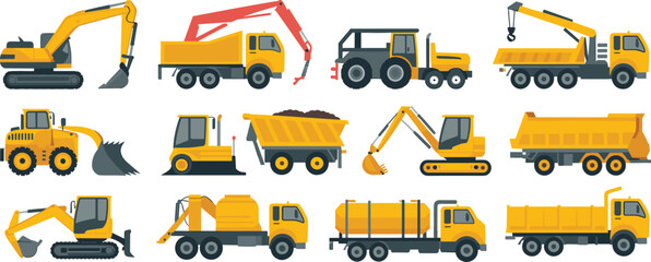 Construction machinery vehicles set including excavator dump truck crane bulldozer tanker loader heavy equipment transport vector illustration collection © SreeRupali