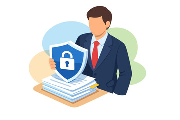 Man holding security shield over documents concept illustration.