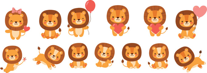 Fototapeta premium Cute cartoon lion characters with hearts and balloons isolated on white background love themed vector illustration set