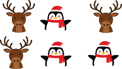 Cute Christmas animal vector set with reindeer and penguin wearing Santa hat and scarf festive winter holiday cartoon illustration collection © MdMojnu