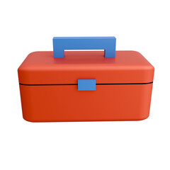 Fototapeta premium A bright, modern-looking rectangular storage box with a blue handle and accents, made of durable plastic or resin material, with a vivid red-orange color scheme, minimalist design, and clean lines. 