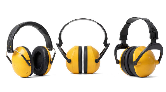 group of three yellow earmuffs photographed from multiple perspectives on a stark white background, emphasizing their role in industrial hearing protection and safety.