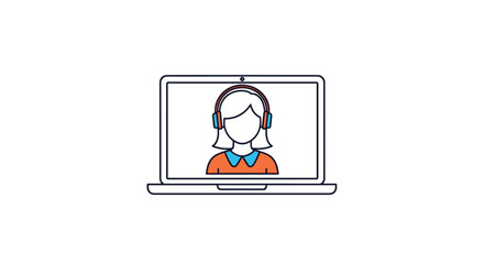 Fototapeta premium Modern illustration depicting an anonymous female avatar wearing headphones on a laptop screen, symbolizing online customer support, remote learning, or virtual communication services.