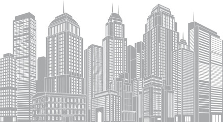 Fototapeta premium A grayscale cityscape illustration featuring a collection of modern skyscrapers and high rise buildings