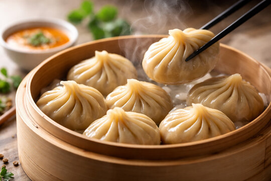 AI generated close up of steaming Nepalese momo dumplings in bamboo steamer with soft natural lighting and clean background ideal for Asian cuisine food culture restaurant menu and culinary content