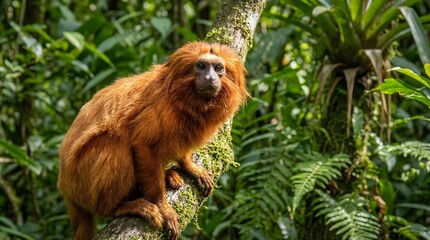 Obraz premium A red-haired monkey sitting on a mossy tree branch in a lush green forest