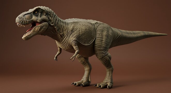 A large gray Tyrannosaurus Rex dinosaur standing on brown ground with mouth open and sharp teeth showing  prehistoric creature  dinosaur model