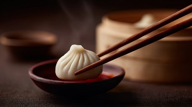 Delicate har gow dumpling picked up with chopsticks asian cuisine food photography dim sum closeup perspective