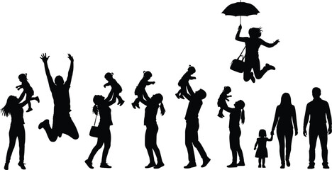 Obraz premium Happy family silhouettes collection with parents and children playing, jumping and walking together, parenting love lifestyle illustration isolated set
