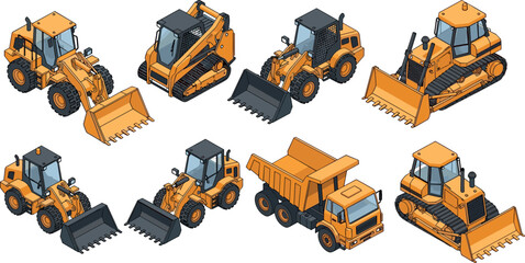 Isometric construction machinery vector collection featuring wheel loaders, skid steer loader, bulldozer and dump truck heavy equipment vehicles isolated for building, engineering and industrial © SreeShontusChandra