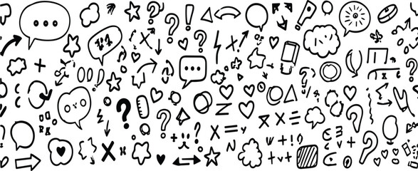 Fototapeta premium Hand drawn doodle symbols vector set with speech bubbles, arrows, hearts, question marks and sketch communication icons
