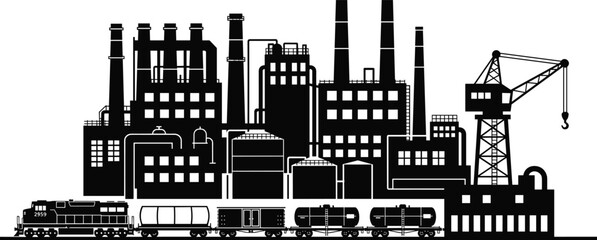 Obraz premium Industrial factory skyline silhouette with freight train, oil tanks and construction crane, heavy industry manufacturing illustration isolated background