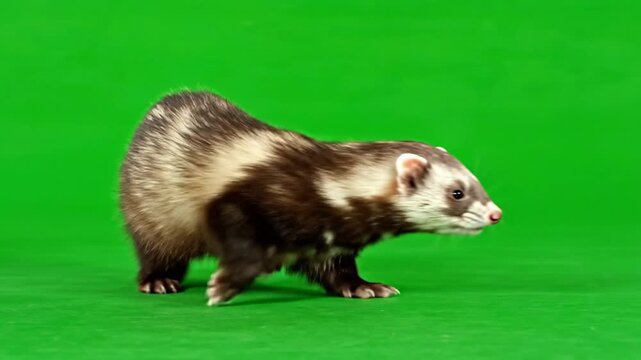 A domestic ferret with dark brown and white markings walks across a bright green studio background.