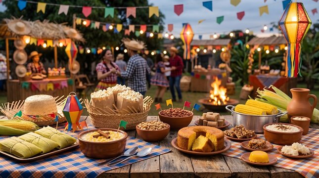 Rustic table with typical Brazilian Festa Junina foods and sweets at colorful S&atilde;o Jo&atilde;o festival celebration outdoors