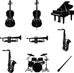 Set of musical instruments silhouettes.Isolated on Flat design music icon set featuring various orchestra and band instruments, a simple silhouette vector graphic collection.vector illustration © MdMasud