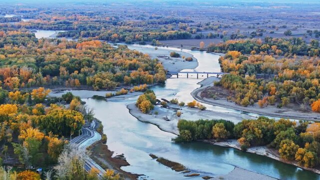 Ili River Xinjiang Autumn Aerial View with Bridge and Golden Forests