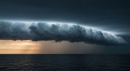 Obraz premium Dramatic shelf cloud above the ocean, with rain descending toward the horizon under a stormy sky