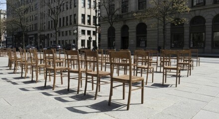 Naklejka premium Empty wooden chairs arranged on a city plaza in rows, casting shadows from the sunlight
