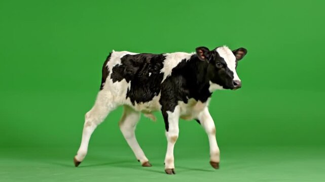 A black and white Holstein calf walks across a vibrant green screen background, showcasing its youthful energy and distinct markings.