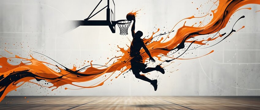 Powerful silhouette of a basketball player performing a slam dunk with explosive orange and black liquid paint splashes on a clean light background.