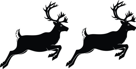 Black reindeer jumping silhouette vector, flying birds set illustration, wildlife animal icons, forest nature elements isolated on white background, seasonal graphics. © Mdjoshel 