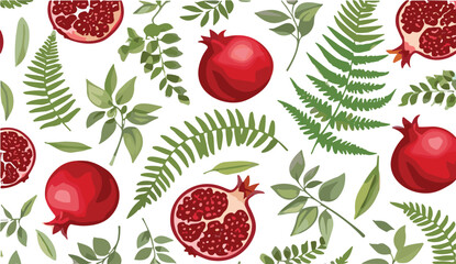 Pomegranate fruit and botanical leaves seamless pattern vector illustration with fern foliage and fresh red pomegranate elements © MdMojnu