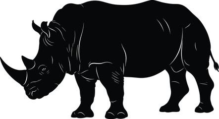 Black rhinoceros silhouette standing side view, isolated african rhino icon on white background, wild animal safari wildlife vector illustration, mammals. © Mdjoshel 