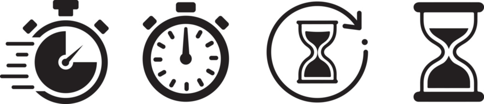 Four black and white time icons with clocks and hourglasses on white background