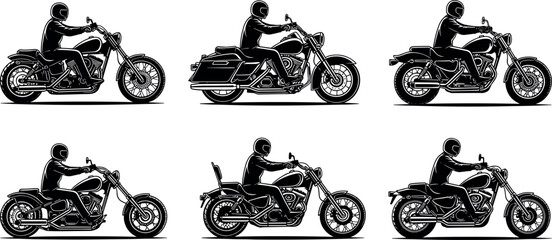 Motorcycle rider silhouettes collection featuring classic chopper and cruiser bikes with helmeted biker in riding position representing motorbike culture, freedom and road travel. © SreemotiArponaBala