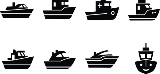 Black ship and boat silhouette collection featuring motorboats, fishing vessels, and tugboat icons for maritime transport, nautical design, and sea travel. © Mdjoshel 