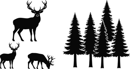 Black silhouette collection of wild deer buck and coniferous pine trees isolated on white background for forest wilderness nature design elements © Mdjoshel 