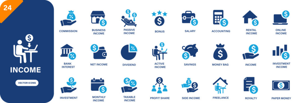 Income icon collection featuring active income, profit share, dividend, commission and freelance symbols. Solid vector icons.