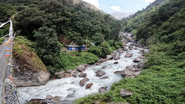 Footage of Langtang Khola river a river coming from the south flows down along the Langtang trekking route, Nepal. 