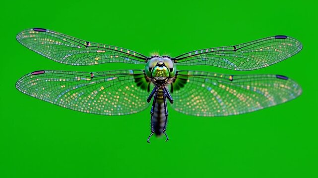 Close-up top-down view of a large green dragonfly with transparent wings spread wide against a vibrant green background.