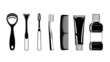 Set of modern black and white bathroom accessories for daily grooming routine