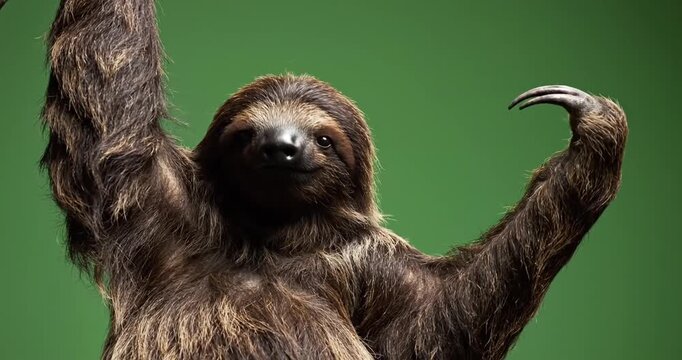 A sloth hanging playfully with its arms raised against a vibrant green background