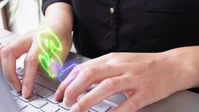 Deposit confirmed in account. Close-up of a professional woman's hands using a computer with a virtual dollar sign icon and a checkmark.