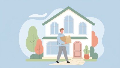 Man Carrying Package in Front of House