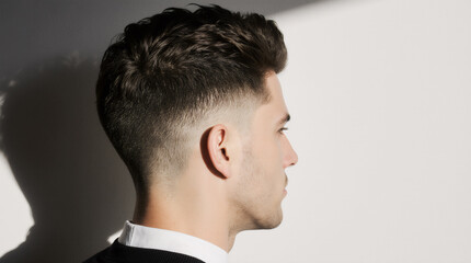 Obraz premium Young man displays modern taper low fade haircut in side profile view