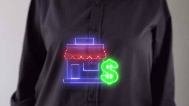 Sales and business profitability. Businessperson pointing towards a virtual store icon with a money symbol.