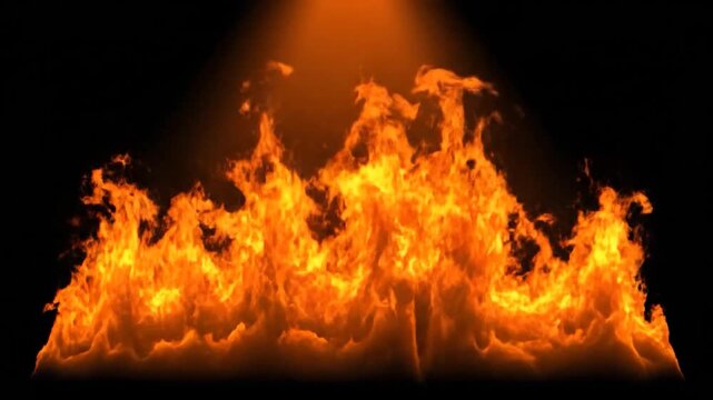 Intense wall of orange flames burning brightly against a dark background