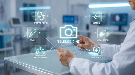 Fototapeta premium Doctor using digital interface for telemedicine remote patient monitoring and online healthcare consultation, advanced telehealth platform concept