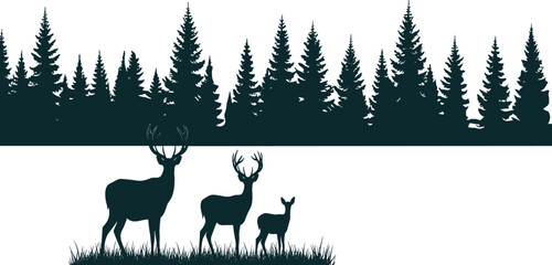 Black Silhouette of Deer Family in Grass with Coniferous Forest Horizon, Wild Buck and Doe Woodland Scene Isolated on White © Mdjoshel 
