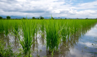 Obraz premium rice seedlings in the rice field, neatly arranged and growing well, with green leaves that have just sprouted