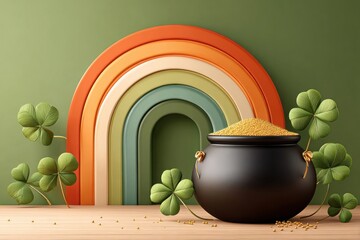 Fototapeta premium Pot of gold at the end of a rainbow with clovers — whimsical St. Patrick's Day illustration